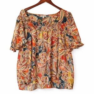 Floral & Ivy Paisley Smocked Square Neck Blouse Multi-Color 3X